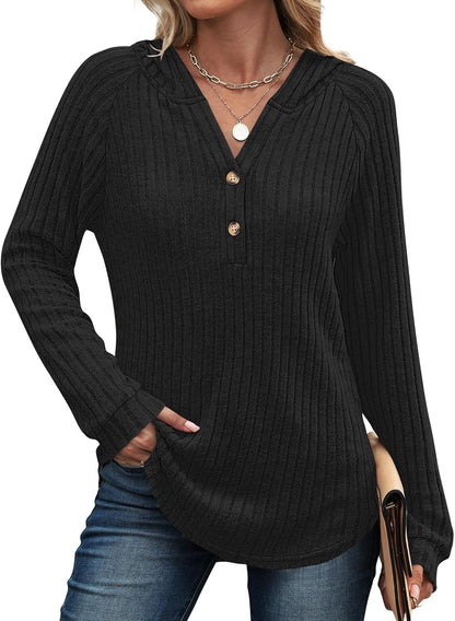 Women's Loose Fit Soft Knit Hooded Sweatshirt with Henley Buttons