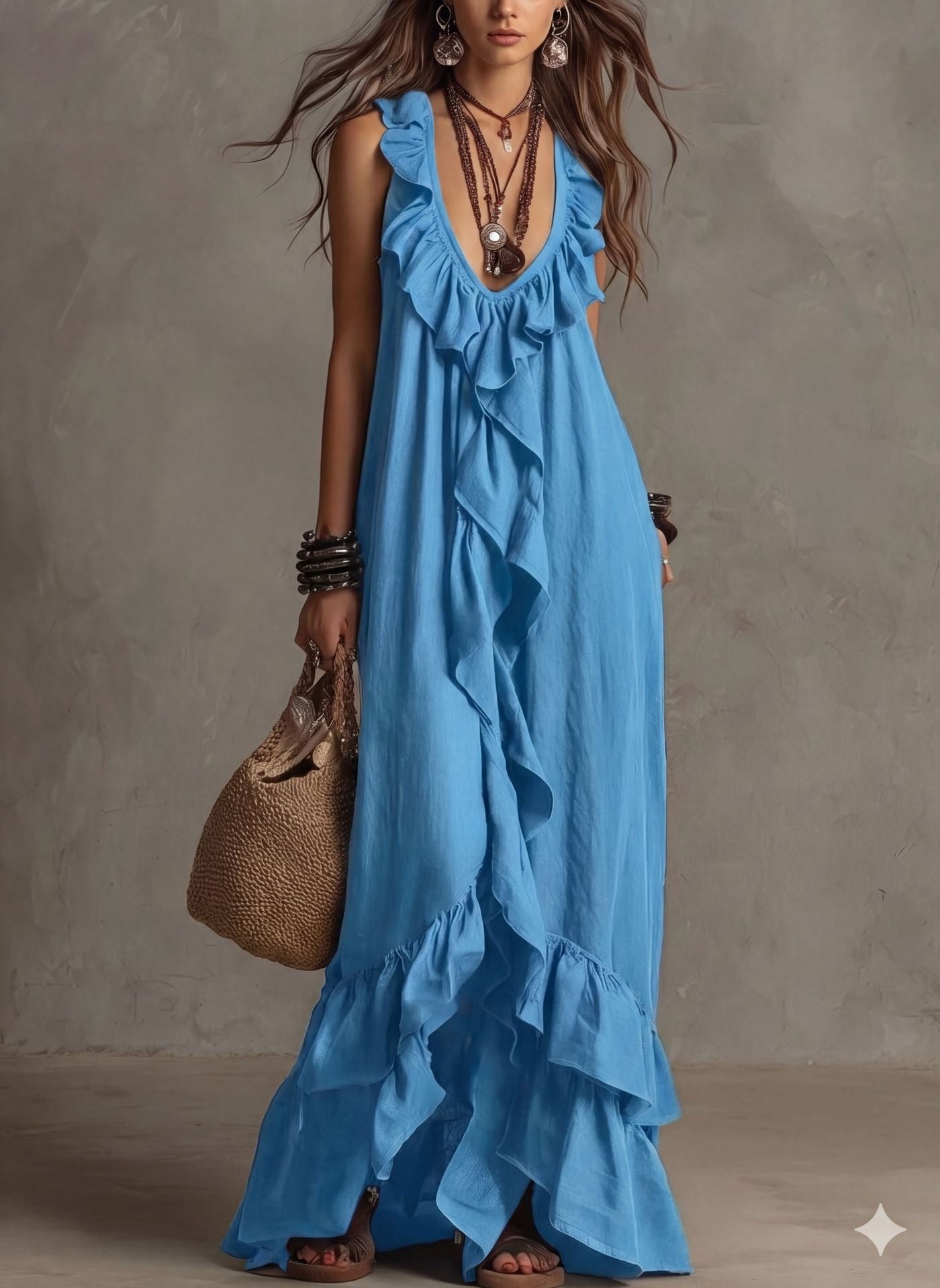 Women's Boho Ruffle Maxi Dress - V-Neck Sleeveless Flowy Beach Long Dress