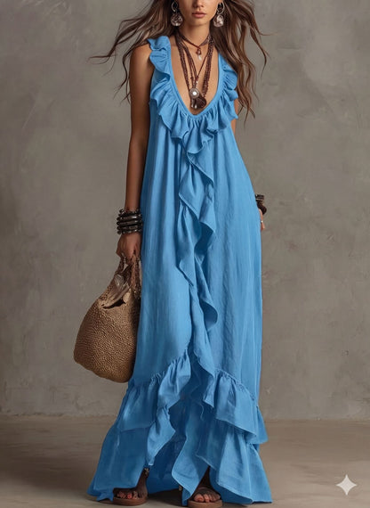 Women's Boho Ruffle Maxi Dress - V-Neck Sleeveless Flowy Beach Long Dress
