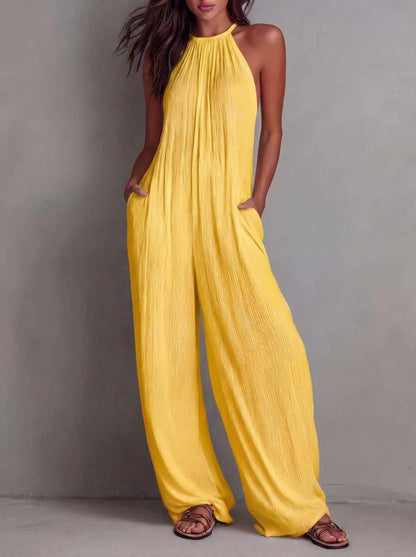 Combinaison bohème dos nu à col licou pour femme - Combi-pantalon plissée à jambes larges