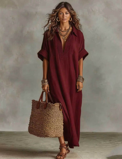 Women's Minimalist Linen-Look Maxi Dress | Casual Polo Collar Roll-Up Short Sleeve Kaftan