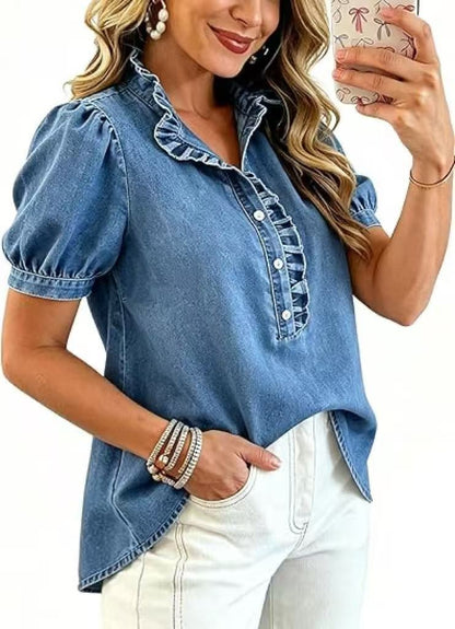 Women's Ruffle Denim Shirt Short Sleeve | Soft Washed Blue Jean Blouse with Puff Sleeves & Frill Trim