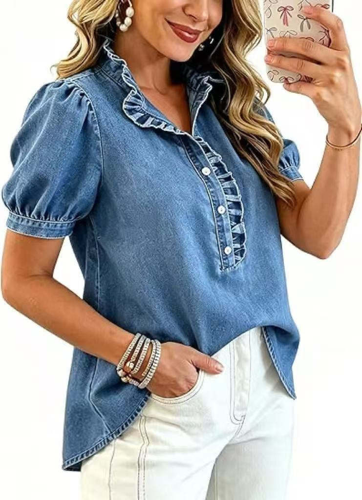 Women's Ruffle Denim Shirt Short Sleeve | Soft Washed Blue Jean Blouse with Puff Sleeves & Frill Trim