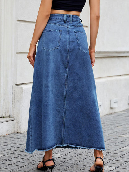 Classic Washed Denim Long Skirt for Women - Frayed Hem Casual Flare Maxi Skirt