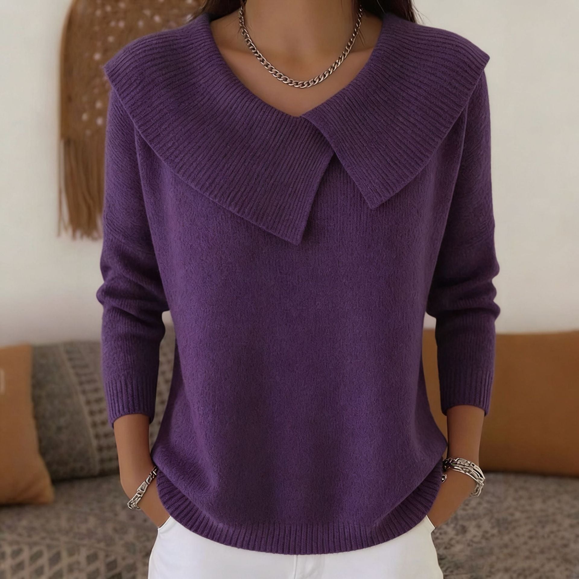 Women's Asymmetric Sailor Collar Sweater | Casual Solid Color Long Sleeve Knit Pullover