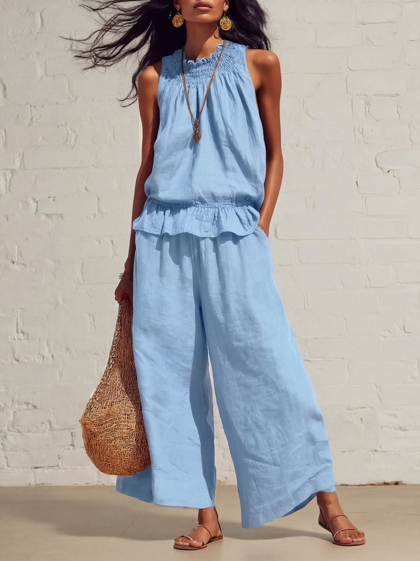Royal Blue Sleeveless Linen-Blend Lounge Suit 2-Piece Summer Resort Set