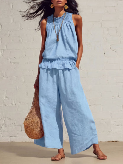 Royal Blue Sleeveless Linen-Blend Lounge Suit 2-Piece Summer Resort Set