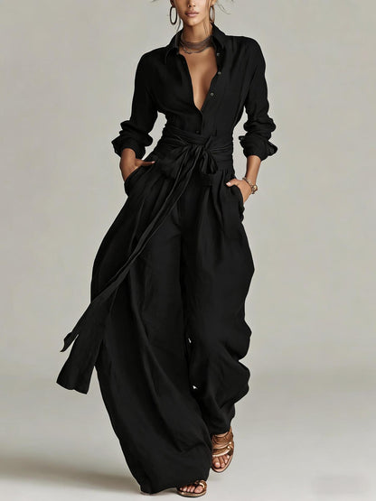 Women's Linen-Look 2-Piece Resort Set | Casual Button Shirt & Wide Leg Pants Suit