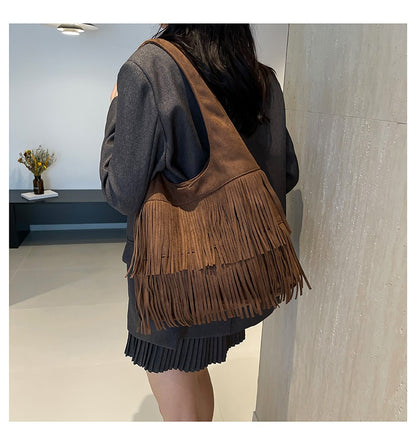 Bohemian Faux Suede Fringe Hobo Bag - Vintage Western Multi-Layer Tassel Large Capacity Shoulder Tote Purse