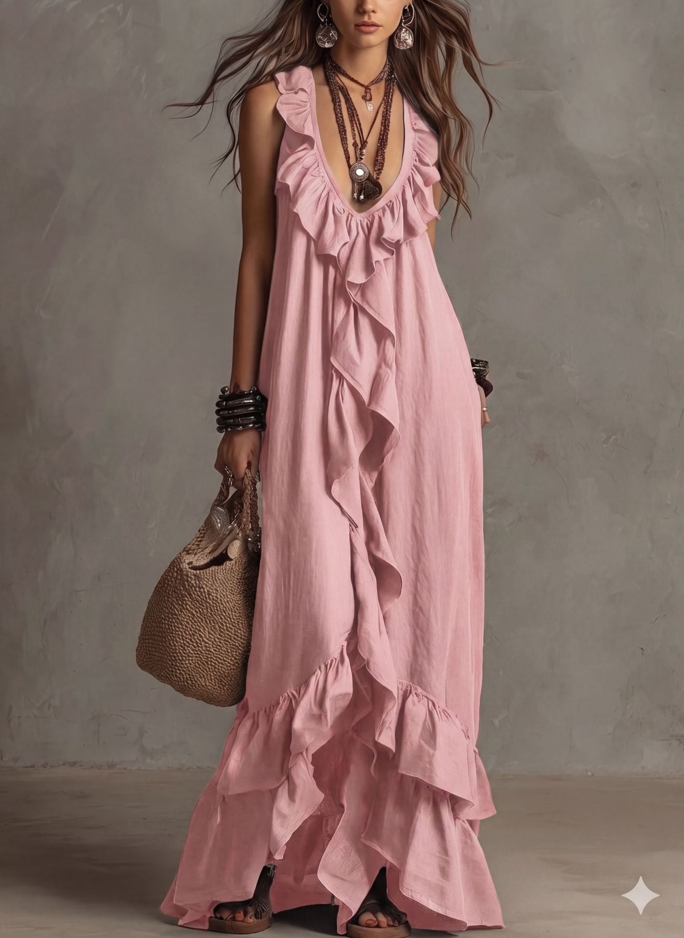 Women's Boho Ruffle Maxi Dress - V-Neck Sleeveless Flowy Beach Long Dress
