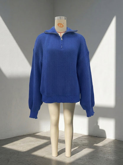 Women's Half Zip Ribbed Knit Sweater | Casual Polo Collar Long Sleeve Pullover Top