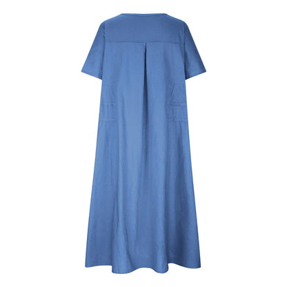 Boho Chic Blue Summer Dress for Women – Elegant Round Neck Tiered Tunic Dress, Breezy Minimalist Resort Wear Midi Gown