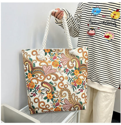 Bohemian Paisley Print Canvas Beach Tote Bag - Large Capacity Summer Vacation Travel Handbag with Rope Handles