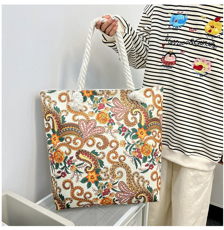 Bohemian Paisley Print Canvas Beach Tote Bag - Large Capacity Summer Vacation Travel Handbag with Rope Handles