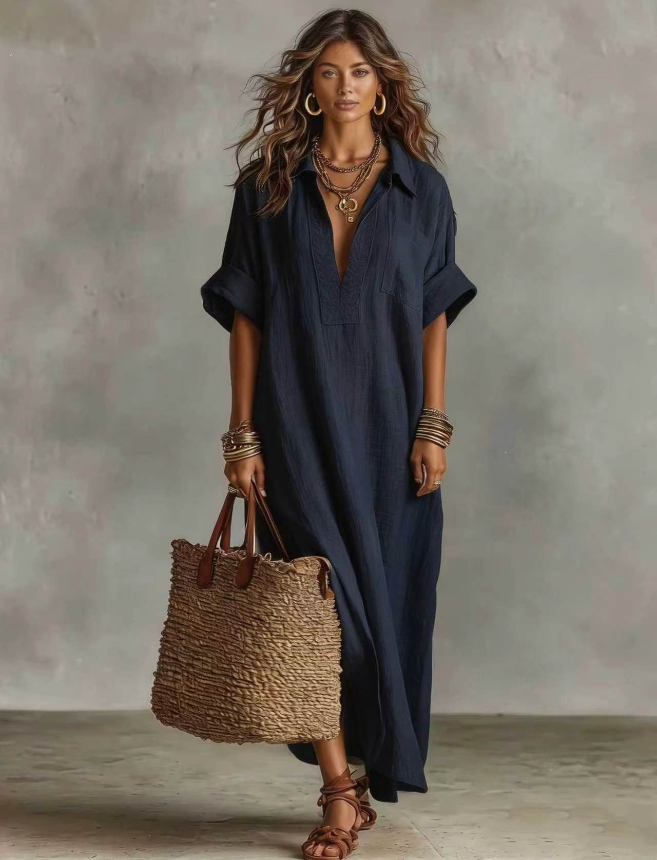 Women's Minimalist Linen-Look Maxi Dress | Casual Polo Collar Roll-Up Short Sleeve Kaftan