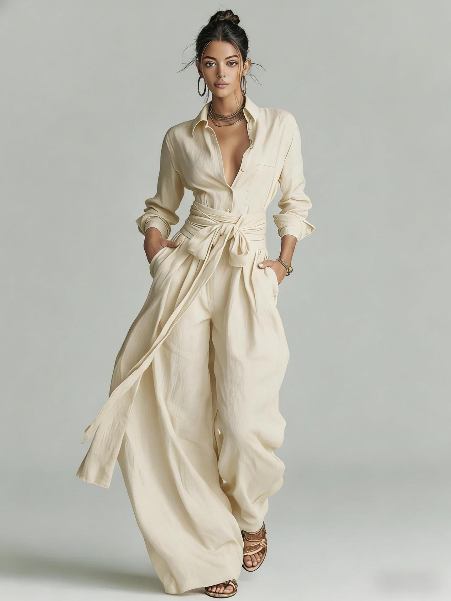 Women's Linen-Look 2-Piece Resort Set | Casual Button Shirt & Wide Leg Pants Suit