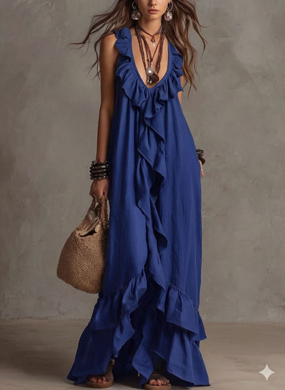 Women's Boho Ruffle Maxi Dress - V-Neck Sleeveless Flowy Beach Long Dress