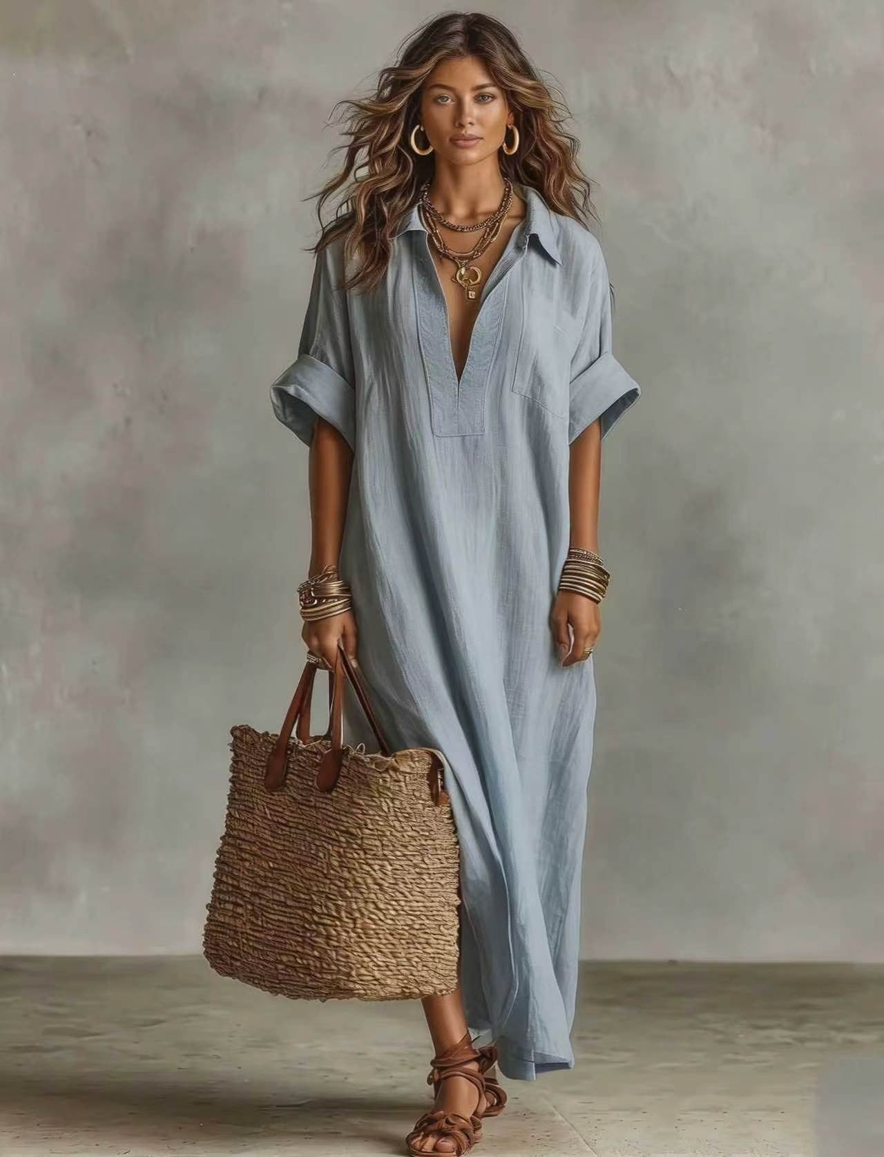 Women's Minimalist Linen-Look Maxi Dress | Casual Polo Collar Roll-Up Short Sleeve Kaftan