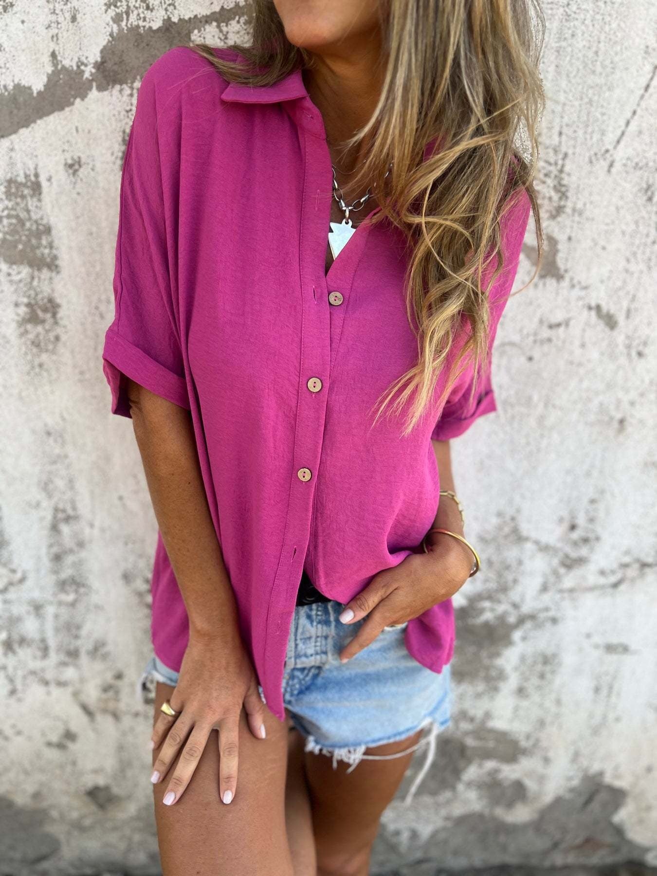 Casual V-Neck Button-Up Top | Breathable Summer Linen-Blend Shirt with Cuffed Sleeves
