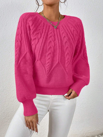 Women's Cable Knit Pullover Sweater | Casual Round Neck Long Sleeve Ribbed Jumper Top