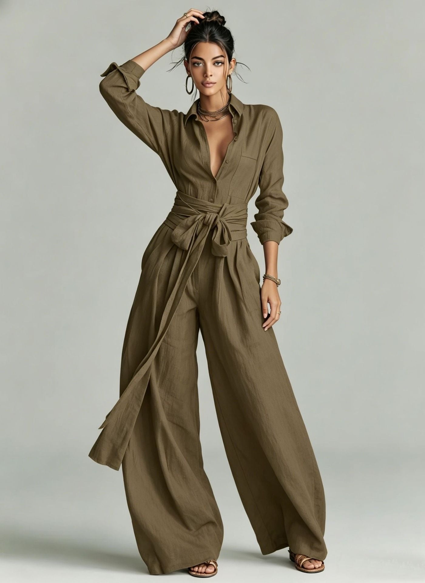 Women's Linen-Look 2-Piece Resort Set | Casual Button Shirt & Wide Leg Pants Suit
