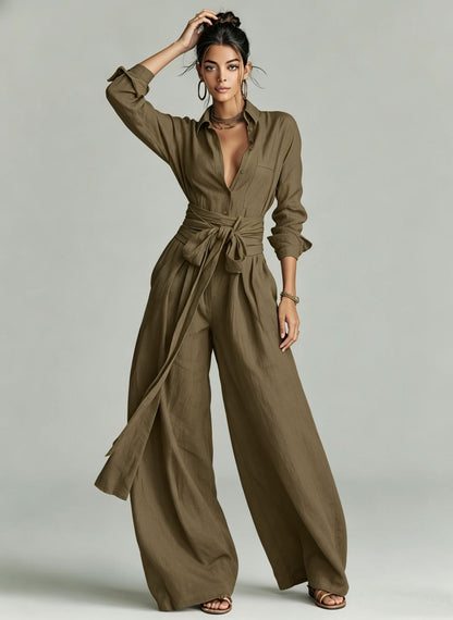 Women's Linen-Look 2-Piece Resort Set | Casual Button Shirt & Wide Leg Pants Suit
