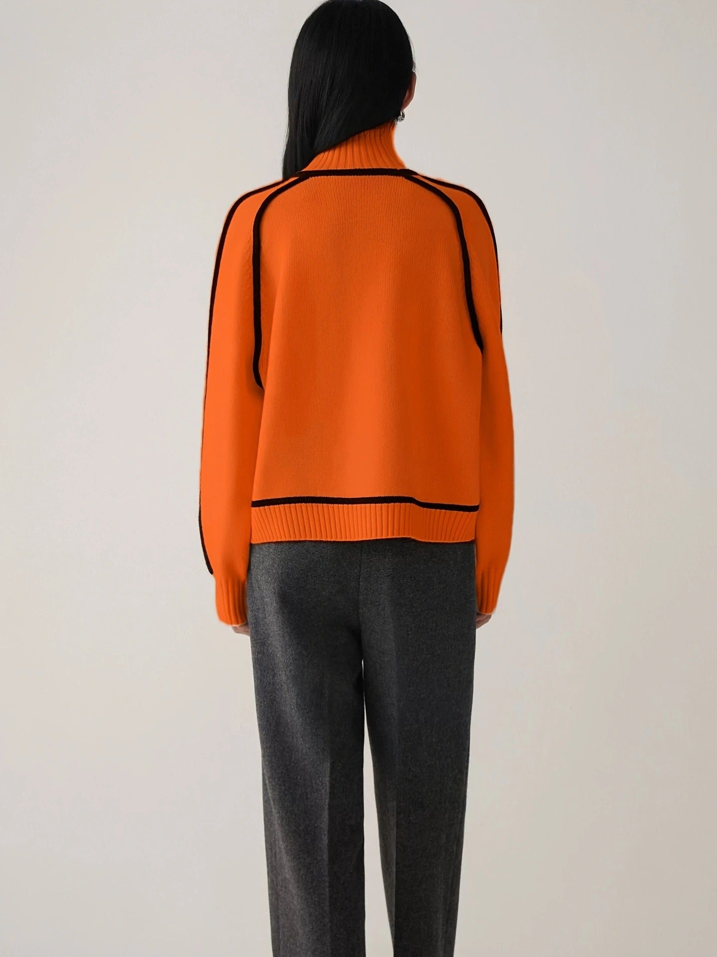 Elegant Raglan Sleeve Mock Neck Sweater - Contrast Piping Ribbed Knit Base Layer Top