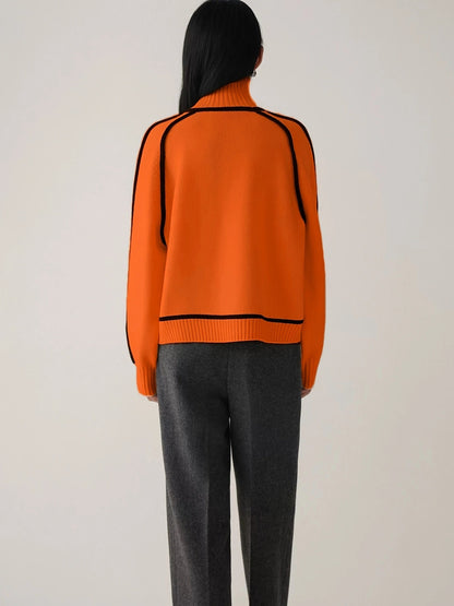 Elegant Raglan Sleeve Mock Neck Sweater - Contrast Piping Ribbed Knit Base Layer Top