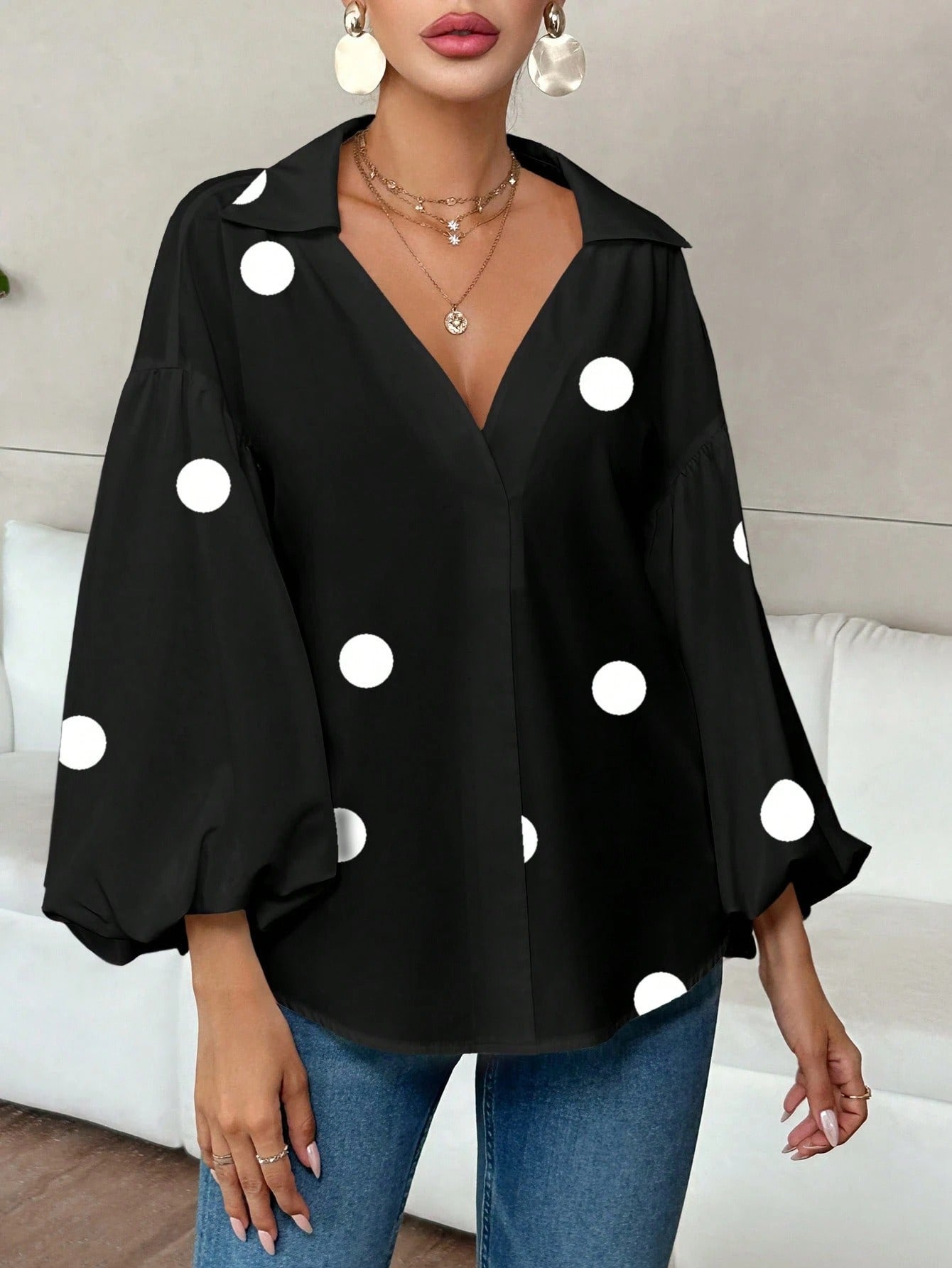 Polka Dot V-Neck Lantern Sleeve Blouse | Loose Fit Elegant Casual Pleated Shirt Top