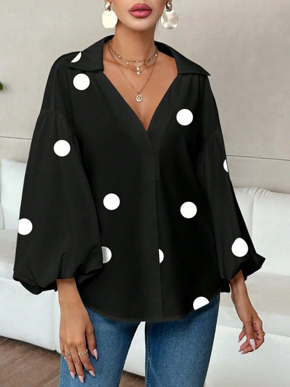 Polka Dot V-Neck Lantern Sleeve Blouse | Loose Fit Elegant Casual Pleated Shirt Top