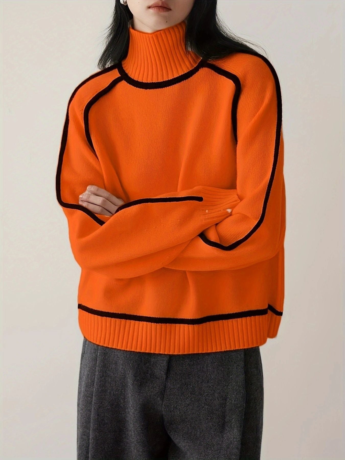 Elegant Raglan Sleeve Mock Neck Sweater - Contrast Piping Ribbed Knit Base Layer Top
