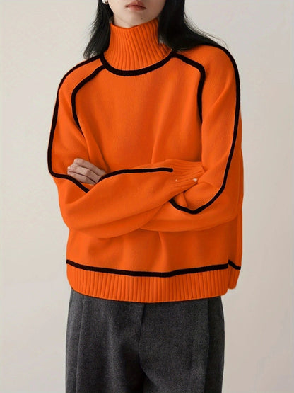 Elegant Raglan Sleeve Mock Neck Sweater - Contrast Piping Ribbed Knit Base Layer Top