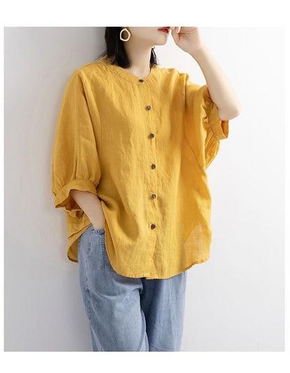 Vintage Linen Blend Button-Down Blouse - Relaxed Fit Lantern Sleeve Casual Shirt Plus Size