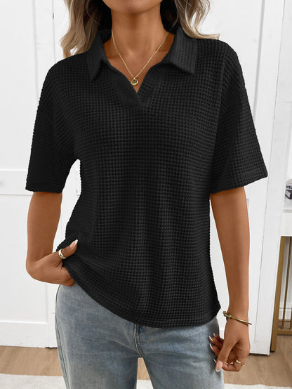 Striped Knit Polo Neck Short Sleeve Top | Casual Loose Fit V-Neck Pullover Breathable Sweater Blouse