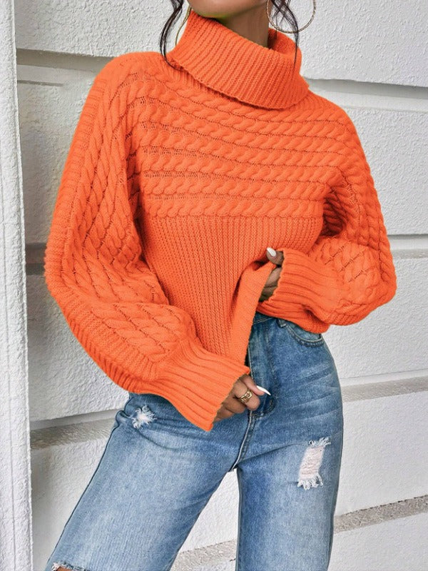 Chic Cable Knit Turtle Neck Sweater - Slouchy Lantern Sleeve Solid Pullover Knitwear