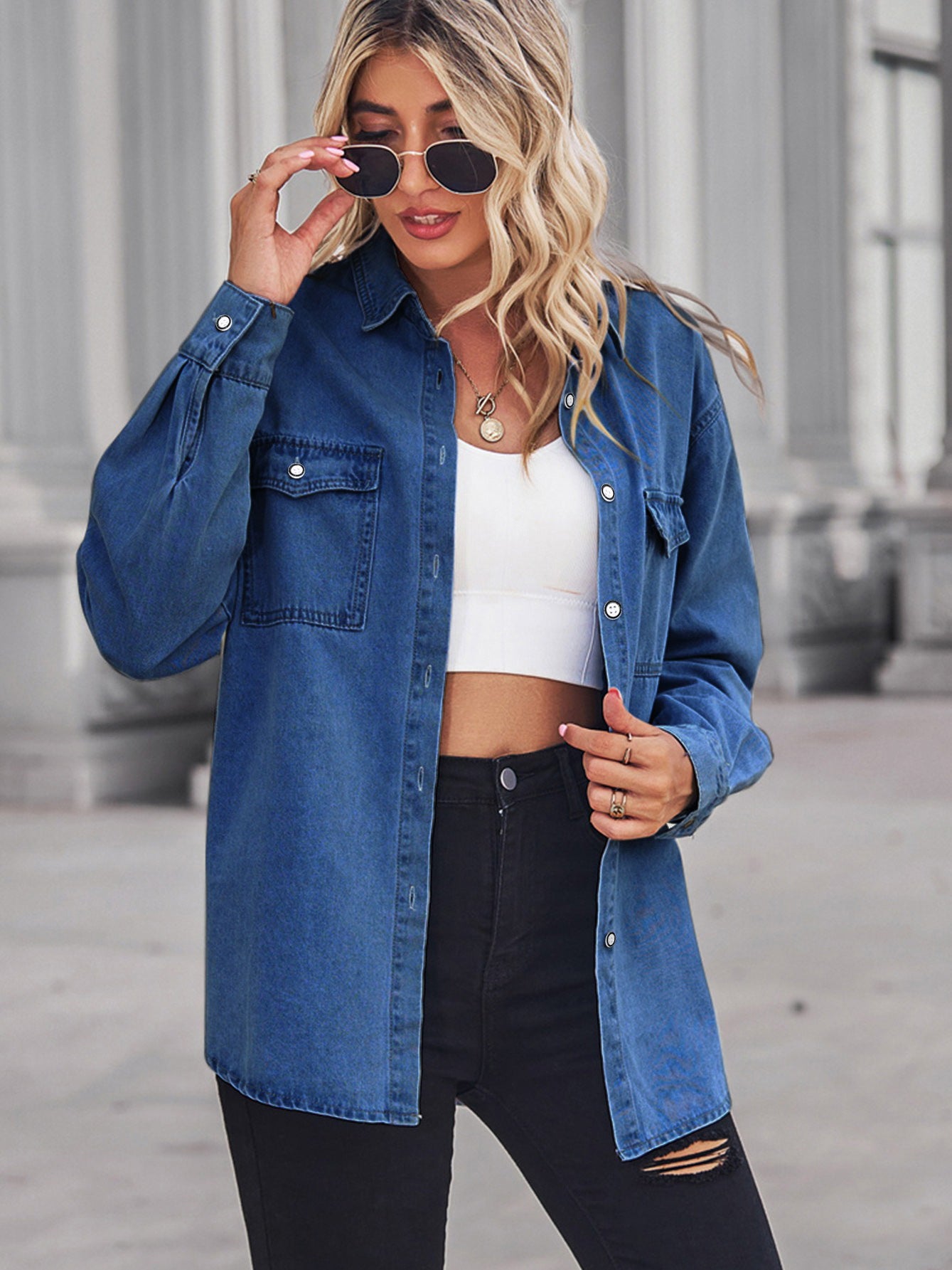 Women's Classic Washed Denim Shirt | Casual Long Sleeve Button Down Jean Blouse