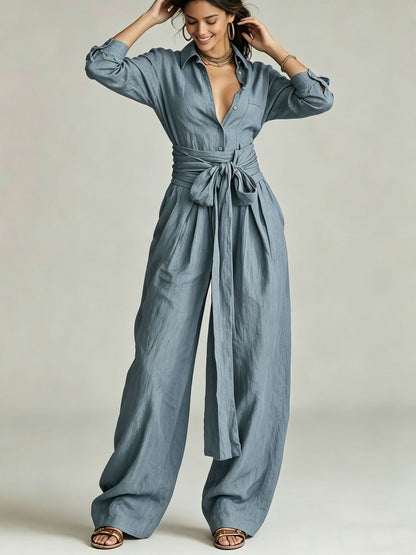 Women's Linen-Look 2-Piece Resort Set | Casual Button Shirt & Wide Leg Pants Suit