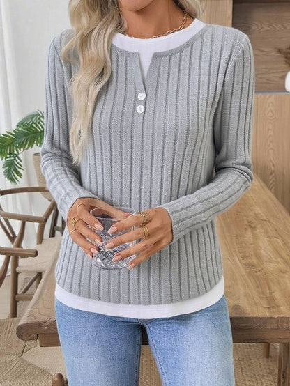 Ribbed Knit Faux Two-Piece Layered Sweater | Casual Button Decor Long Sleeve Brushed Pullover Top