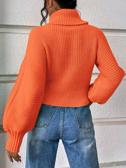 Chic Cable Knit Turtle Neck Sweater - Slouchy Lantern Sleeve Solid Pullover Knitwear