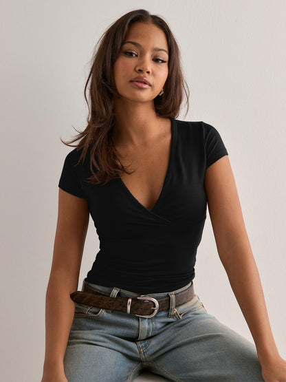 Chic Ribbed Deep V-Neck Cross Wrap T-Shirt - Slim Fit Short Sleeve Crop Top for Women