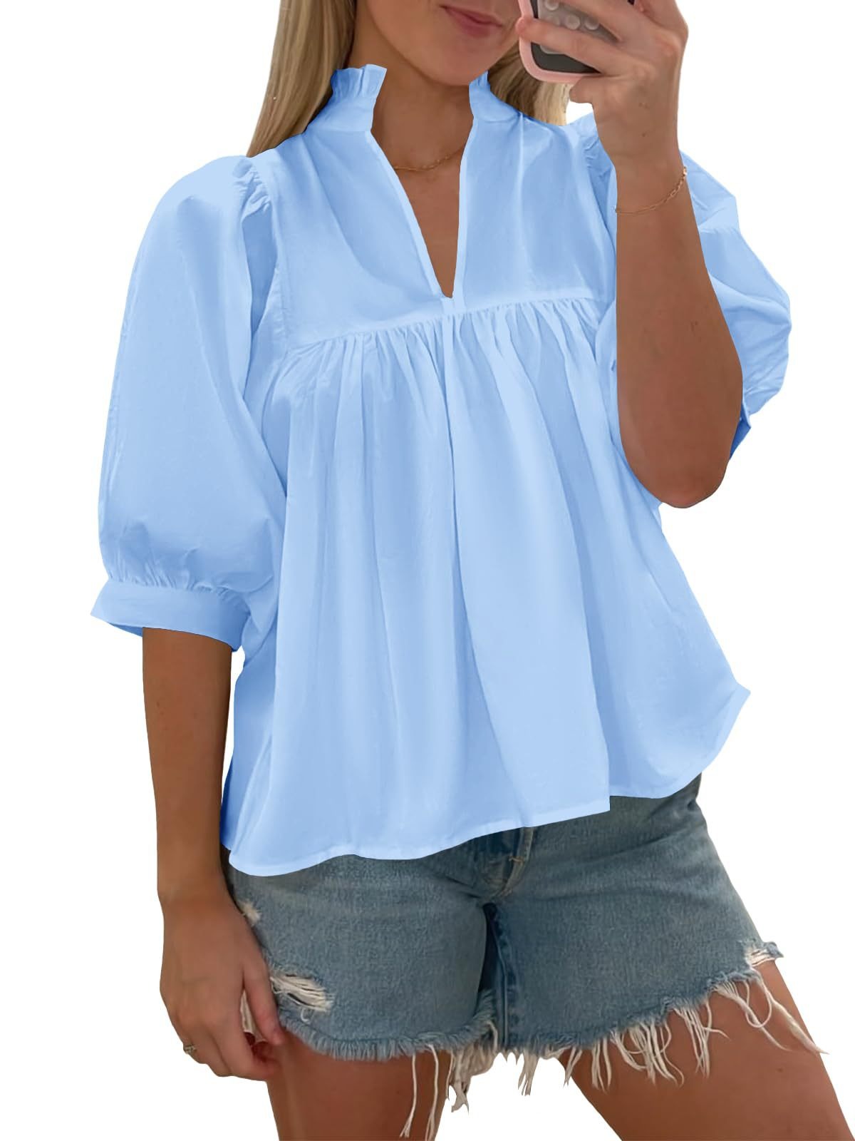 Women's shirt/T-shirt with mid-length sleeves and loose fit, V-neck
