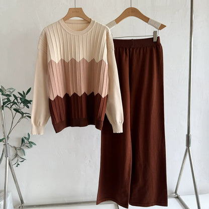 Chic Colorblock 2-Piece Knit Set - Ribbed Crewneck Long Sleeve Sweater & High-Waist Wide Leg Pants Lounge Set