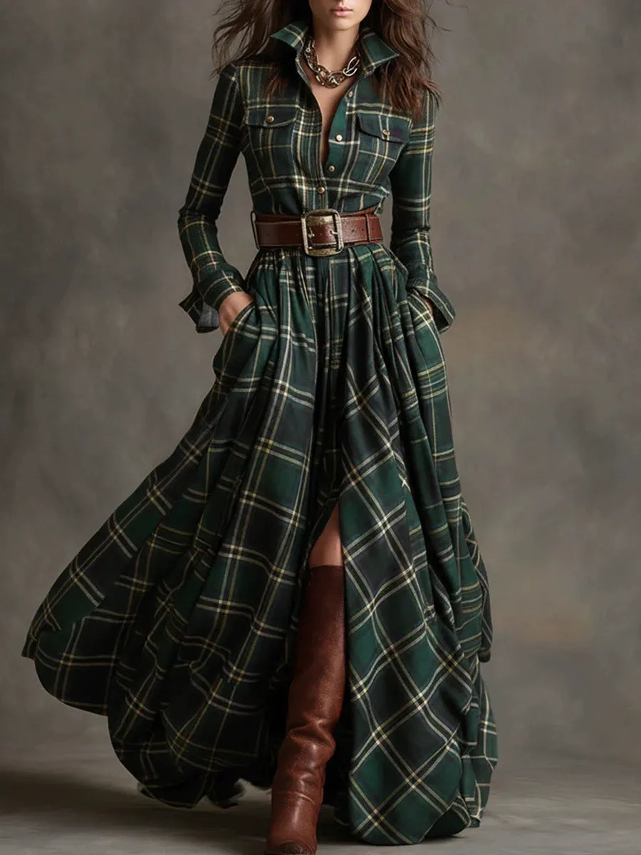 Women's Plaid Long Sleeve Maxi Dress - Vintage Tartan Check Shirt Dress with Pockets