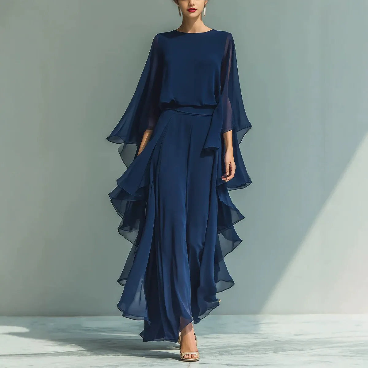Ensemble décontracté plissé bleu marine | Pantalon Palazzo taille haute à volants et ensemble élégant