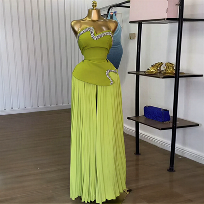Ensemble deux pièces glamour sans bretelles pour femme – Tunique péplum rose chic et pantalon palazzo plissé fluide, ensemble de soirée sexy