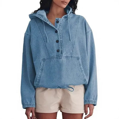Retro Light Wash Denim Hooded Sweatshirt for Women - Loose Fit Drawstring Hem Jean Pullover Top