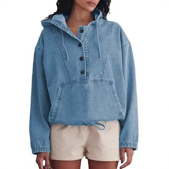 Retro Light Wash Denim Hooded Sweatshirt for Women - Loose Fit Drawstring Hem Jean Pullover Top