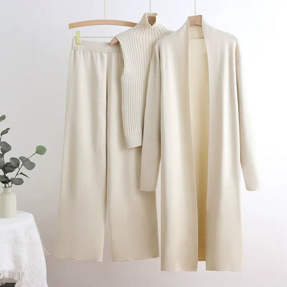 Mercerized Cotton Knit 3-Piece Set | Sleeveless Mock Neck Sweater Open Front Cardigan & Wide Leg Pants Suit