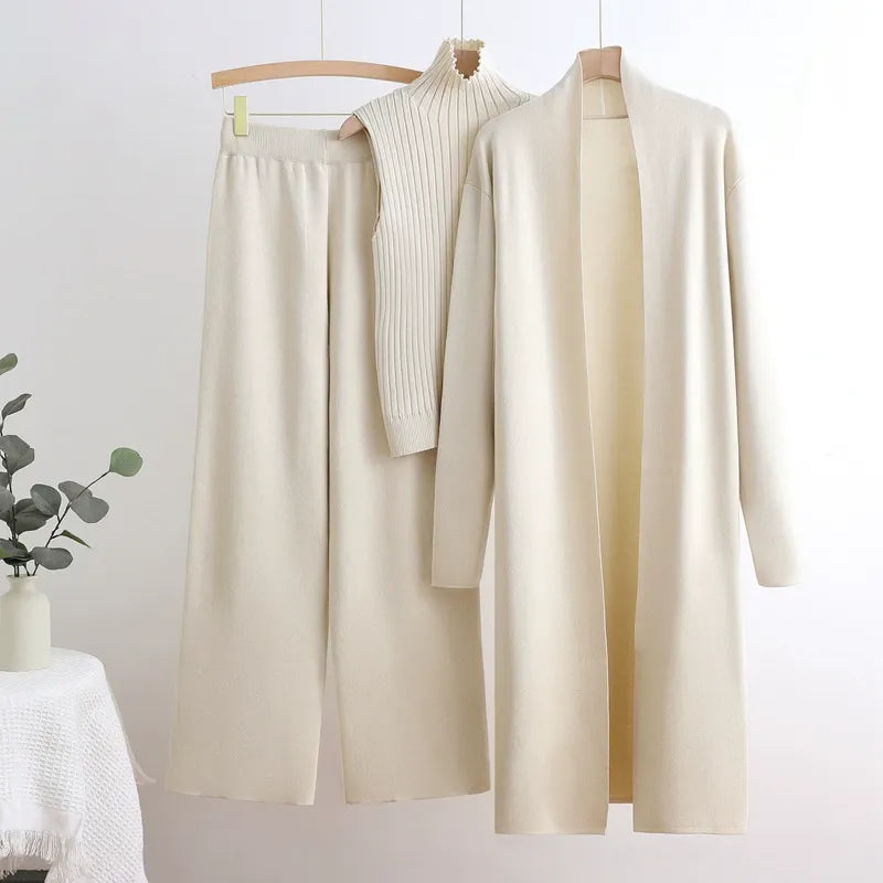 Mercerized Cotton Knit 3-Piece Set | Sleeveless Mock Neck Sweater Open Front Cardigan & Wide Leg Pants Suit