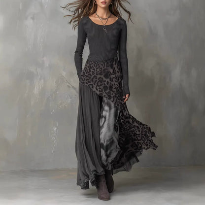 Robe longue en tricot côtelé épissé | Robe de soirée léopard asymétrique élégante à taille haute
